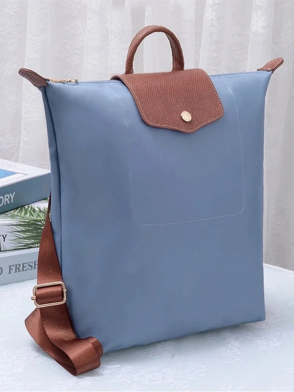 Blue Backpack Tote with Brown Trim - Women's Shoulder Bag